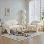 2 Piece Set Sofa Couch Modern Lambs Wool Fabric Loveseat & Accent Chair for Living Room