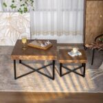 31" Modern Retro Splicing Square Coffee Table with Fir Wood Table Top and Cross Legs Metal Base (Set of 2 pcs )