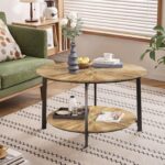 31.5 "Round Coffee Table, Stand Wooden Double Layer Coffee Table with Open Storage Space and Metal Table Legs for Living Room, Bedroom