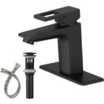 Black Single Hole Modern Bathroom Faucet Solid Brass Single Handle with Pop Up Drain Stopper and Water Supply Hoses