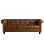 88''  Vintage Two-Color PU Brown Rolled 3-Seat Arm Chesterfield Sofa