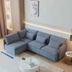 90.9'' Grey/Orange/Beige Modular L-Shaped Corner Sofa Left Hand Facing Sectional Couch Cotton Linen
