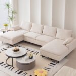 Beige Large Sectional Sofa Couch with Moveable Chaise Lounge for Living Room